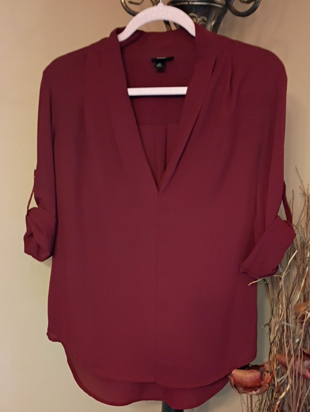 Mossimo Burgundy V-Neck Blouse With Convertible Sleeves
